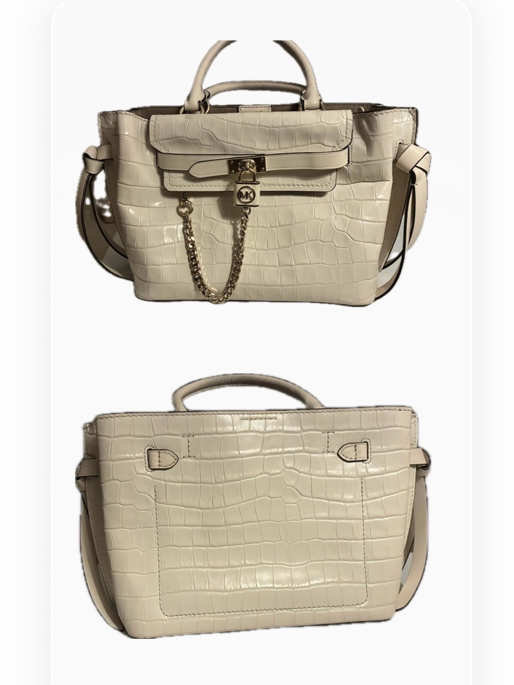 Michael Kors Cream Croc-Embossed Leather Satchel with Gold Chain Accent